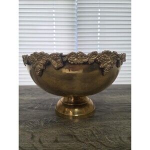 Vintage Brass Footed Bowl | Large Scalloped Grape Vine Centerpiece